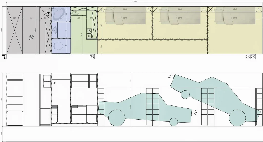 Rallytrailer huren - grondplan aanzicht